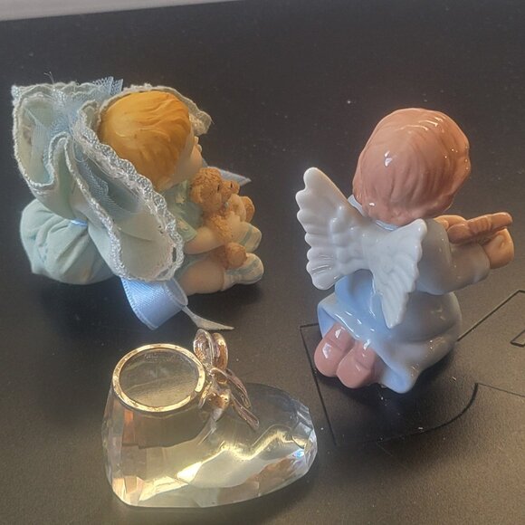 3 Figurine Lot: Italian Fine Porcelain Baby Teddy Bear, Angle Lute, Crystal Boot - Picture 2 of 10